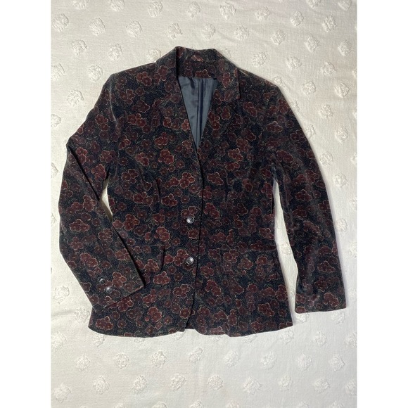 Vintage 60s Blazer Jacket Dark Academia Velour Velvet Floral Christmas Holiday - Picture 1 of 6